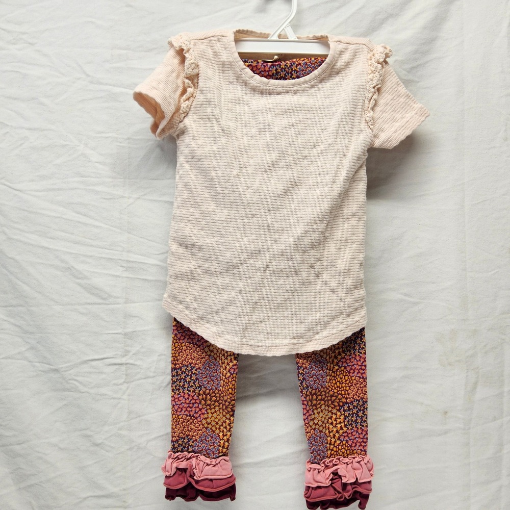 Matilda Jane Top and Leggings Set Kids Size 6 Pink Floral Waffle Knit Ruffles